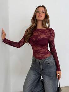 Aloruh Weinrotes Weihnachts-Strick-Spitzen-Sexy-Langarm-Transparenz-Bodysuit - Bordeaux - Übersicht 5