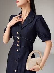 Heiryn New Korean Style Waist Cinched Collared Metal Buckle Decor Elegant Commuter Versatile Denim Effect Dress