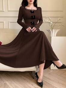 Feyla Women's Contrast Lace Bow Decor Long Sleeve Elegant Mid-Length Dress - Coffee Brown - View 1
