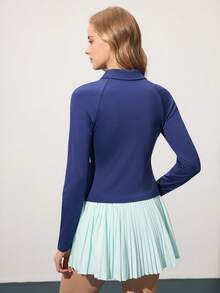 CourtClass Áo polo thể thao tay raglan màu trơn dành cho nữ, áo polo dài tay tập luyện thể thao, váy tennis tay dài, váy tennis ôm bụng, bộ váy tennis nữ. - Màu xanh hải quân - Xem 2