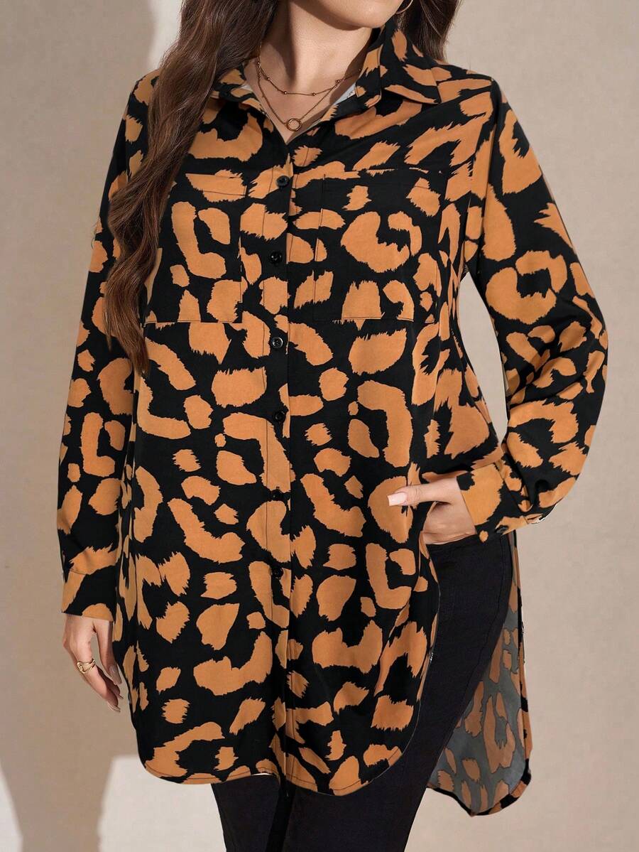 SHEIN LUNE 大码女式豹纹长袖单排扣休闲上衣 猎豹纹女式豹纹秋冬动物纹猎豹纹衬衫 - 棕色 - 查看 1