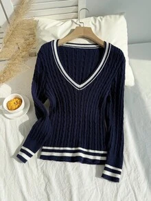 SHEIN EZwear 拼色V领长袖宽松休闲大码毛衣 - 寶藍色 - 查看 12