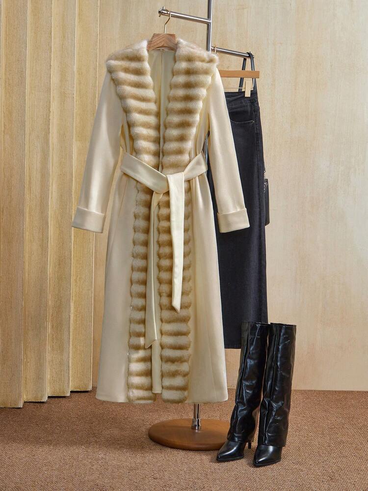 Women's New Detachable Cat Patchwork Collar Elegant Fashionable Long Woolen Coat, Suitable For Autumn, Fall, Winter, Going Out, Formal, Party, Chic, New Year, Christmas, Work, Graduation, Wedding