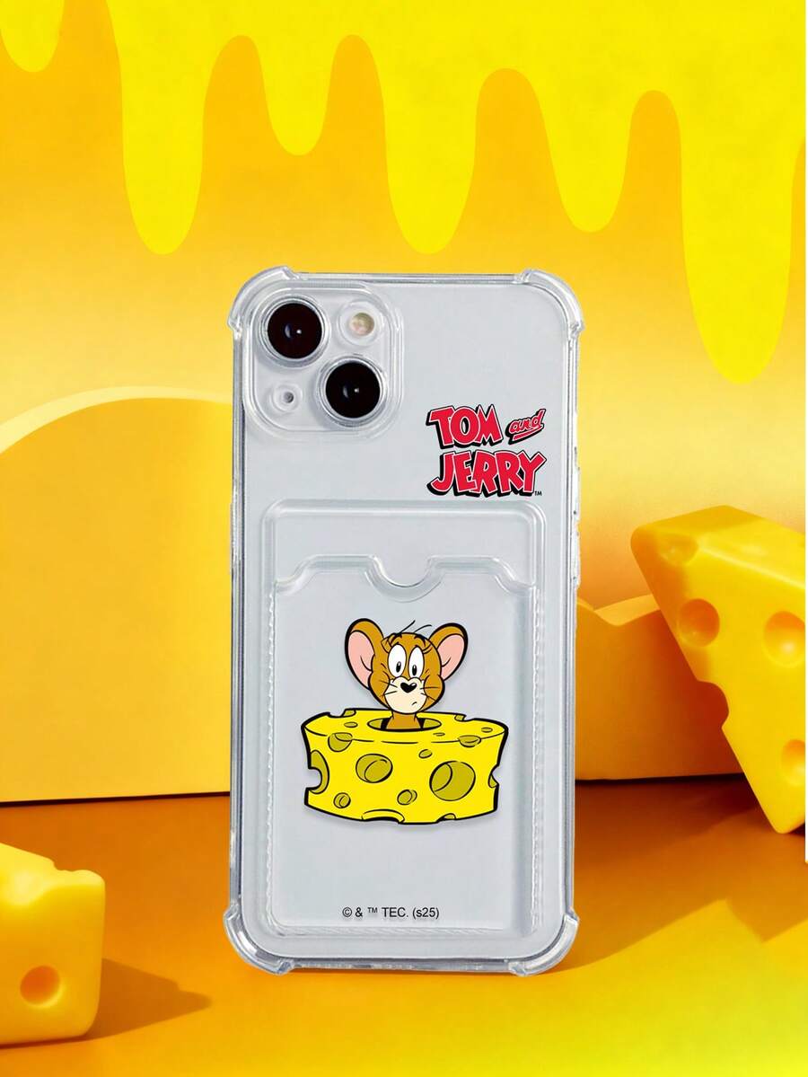 Tom and Jerry Artist x SHEIN Capa de Telefone Transparente com Porta-Cartão, Jerry no Queijo Diversão, Capa Protetora Compatível com iPhone - Multicolorido - Visão 1