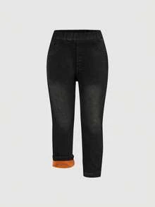 SHEIN 2pcs/Set Young Girls' Navy Blue & Light Blue Denim Thermal Lined Elastic Skinny Pants, Autumn/Winter - Multicolor - View 5