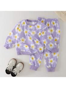 THE HAPPY LOOK 2pcs/Set Young Girl Floral Print Knit Soft Crew Neck Long Sleeve Sweatshirt And Elastic Waist Pants Kids Flower Set Summer Outfit Toddler Co Ord - Multicolor - View 1