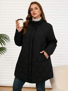 EMERY ROSE Plus Size Women's Solid Color Long Sleeve Zip-Up Casual Fleece Jacket, Winter - Black - View 3