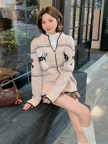 DAZY Women's Cartoon Contrast Color Puppy Design Korean Style Cardigan, Autumn/Winter - Pink - View 4
