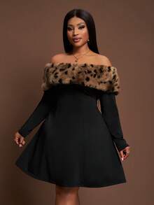 Veslaya 2025 New Autumn/Winter Faux Fur Patchwork Off Shoulder Long Sleeve A-Line Dress, Suitable For Party, Outing, Daily Wear, Gathering, Nightclub Plus Size Black Dress Curvy Black Dress Black Off Shoulder Dress Plus Size Leopard Trim Dress Black Skater Dress - Black - View 4