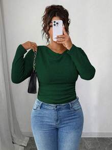 Elenzga RosyDaze 女式加大码复古不对称垂褶领纹理荷叶边修身长袖上衣 - 墨綠色 - 查看 5