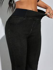 SHEIN PETITE Women's Elastic Waist Pocket Casual Flare Leg Jeans - Black - View 6