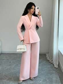 Elenzga Pantalon large à taille ajustée en tissu brillant argenté, élégant, pour l'automne/hiver. Ensemble de 2 pièces pour femmes, convient pour les banquets et les soirées