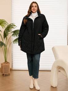 EMERY ROSE Plus Size Women's Solid Color Long Sleeve Zip-Up Casual Fleece Jacket, Winter - Black - View 7