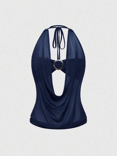 Hippie Women's Y2K Retro Deep Draped Neck Backless Halter Crop Top (Includes Bandeau Bra)