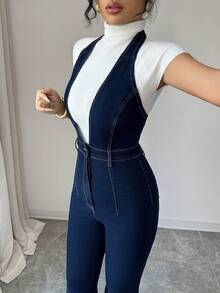 Elenzga Women's Denim Bib Pants And Jumpsuit V-Neck Sleeveless Denim Jumpsuit With Cinched Waist And Zipper, Sleeveless Flared Long Pants - Dark Wash - View 3