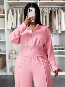 Slaydiva 大码女式纯色长袖拉链连帽衫和阔腿裤休闲套装两件套，舒适粉色两件套，端庄两件套 - 粉色 - 查看 11