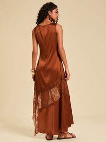 Travachic Váy xẻ tà ren vá thanh lịch dành cho nữ - màu nâu - Xem 4