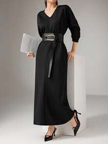 Heiryn V-Neck Waist Cinched Slimming Elegant & Comfortable Dress - Black - View 4