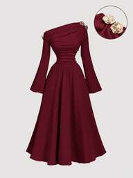 SHEIN MOD فستان نسائي أنيق أسيمتري الكتف متوسط الطول، فستان كتف واحد أنيق، ملابس خريفية/شتوية للنساء، فستان ، فستان رأس السنة، فستان حفلة، فساتين أنيقة للسيدات، خريفي أنيق، فستان عيد الميلاد