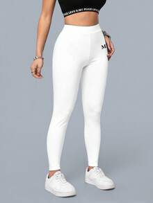 SHEIN Essnce 休闲简约米兰意大利印花弹力运动紧身裤（女款） - 白色 - 查看 4