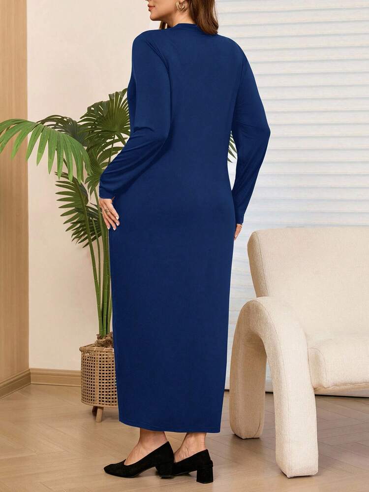 Plus Size Women's Round Neck Long Sleeve Black Dress With Pockets, Autumn/Winter,Vacation Outfits Women ,Holiday Outfits For Women,Spring Outfit Women,Valentine's Day ,Valentine Outfits For Women ,Going Out Outfits,2026 New Clothes,Simple And Fashionable For Everyday Wear,Early Spring
