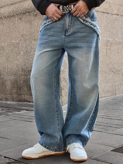 GALLERY FADE Men's Street Style Frayed Hem Design Clean Washed Distressed Jeans Moon Shape Comfortable Frayed Hem Blue Urban Going Out Distressed Jeans For Boyfriend & Husband