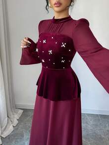 Modelyn 法式设计拼接珍珠装饰泡泡长袖优雅连衣裙 - 酒紅色 - 查看 6