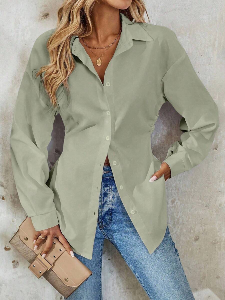 Chiquease 女士优雅度假纯色落肩长袖收腰休闲衬衫 - 綠色 - 查看 1