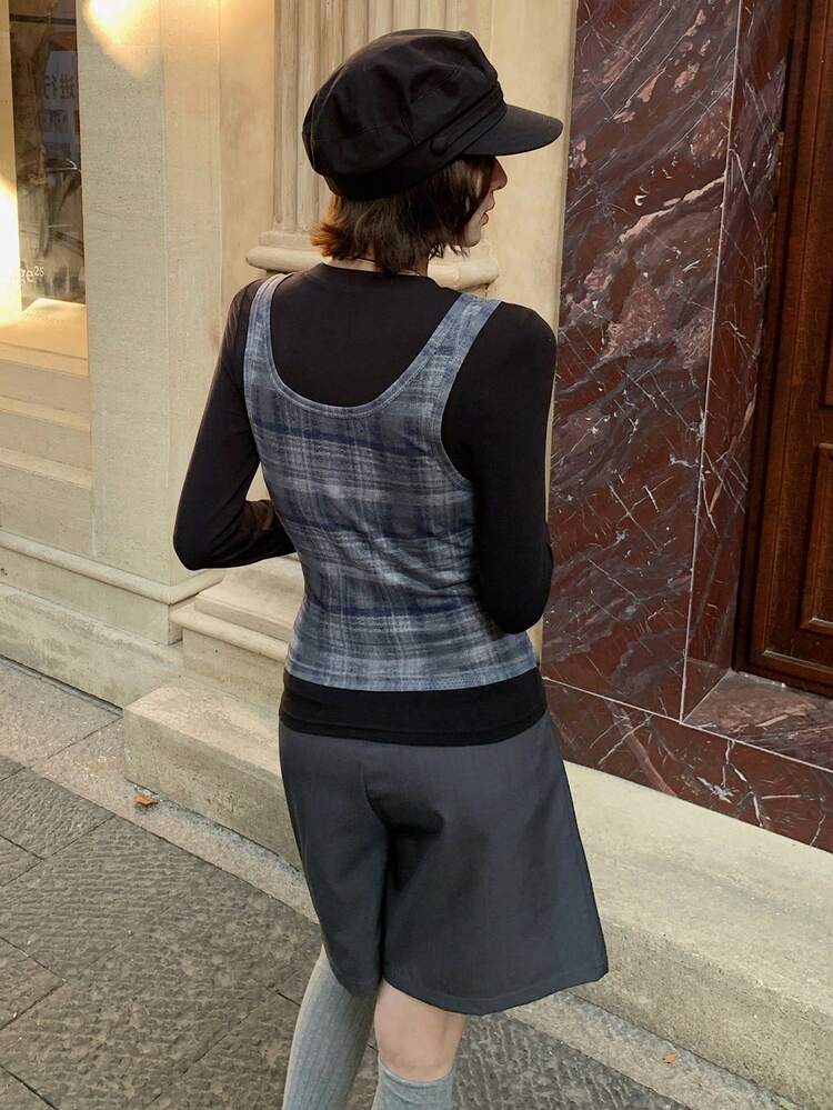 Women's Solid Color Casual Long Sleeve T-Shirt & Plaid Vest 2-Piece Set