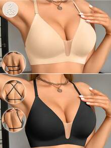 2件套内衣睡衣 女士纯色网纱拼接深V领可调节肩带多功能露背文胸 - 彩色 - 查看 1