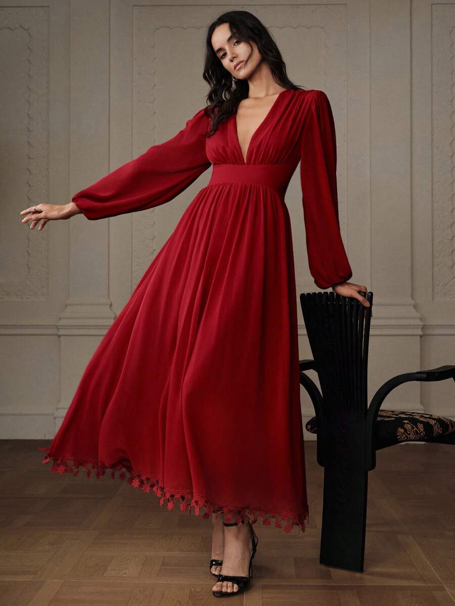 Aveloria Rosie 优雅飘逸的收腰雪纺长袖连衣裙，时尚百搭，适合秋冬季节，欧式风格 - 紅色 - 查看 1