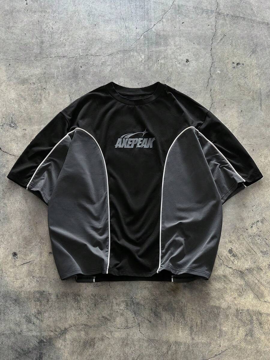 AXEPEAK 男士宽松撞色印花圆领短袖T恤 - 黑色 - 查看 1