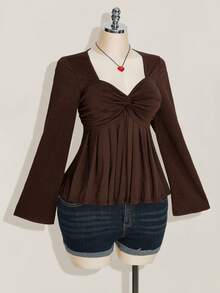 SHEIN ICON 大码女式黑色胸前扭结针织上衣，娃娃衫针织上衣，Y2K风格服装，毕业季返校季秋季服装，可爱女式上衣，娃娃衫 - 棕色 - 查看 5