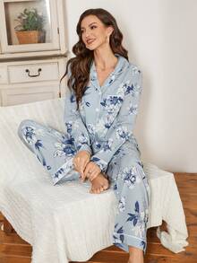 Serenescape 女士印花泡泡领开衫和裤子睡衣套装，度假风 - 彩色 - 查看 4