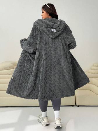 Solflare Djupgrå Plus Size Texturerad Tjock Dubbelsidig Fleece Långjacka, Höst/Vinter