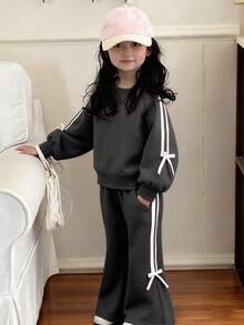 Dazy Kids 2pcs/Set Young Girls Round Neck Knit Sweatshirt Set, Fall Spring - Grey - View 3