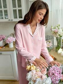 Snug Reverie Pink Striped Patchwork Lapel Long Sleeve Pajama Set Light Pink Pajama Set Bridesmaid Pajamas Set Personalised Sleep Wear Women 2 Pieces Set Mom Pink Pj Set Women Women's Loungewear Set - Baby Pink - View 2