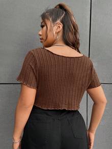SHEIN EZwear Plus Size Women Chocolate Brown Ribbed Casual Versatile T-Shirt, Short Sleeve Coffee Brown Top - Chocolate Brown - View 2