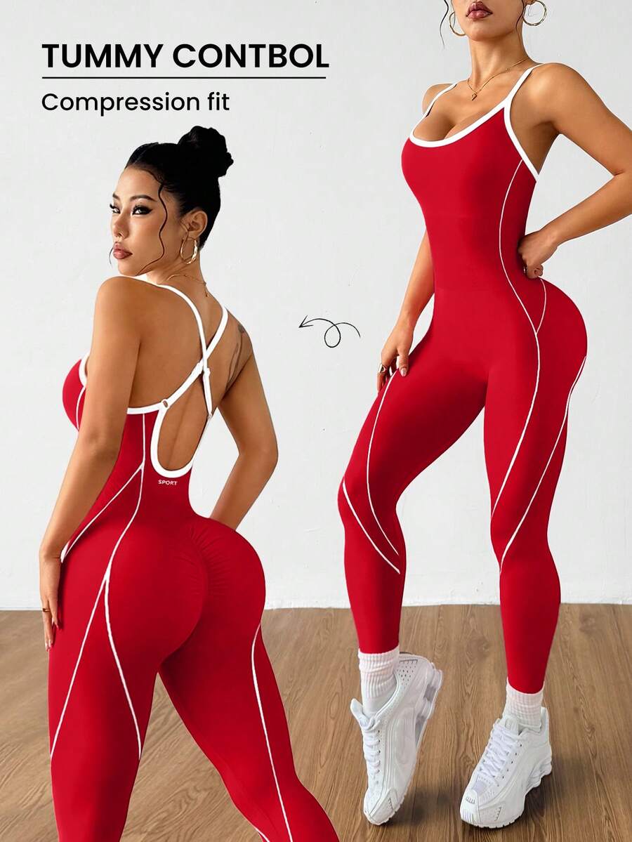 Core Rhythm Women's Seamless Backless Criss-Cross Strap Jumpsuit - Red - View 1