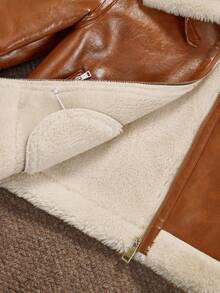 Anewsta Chaqueta corta de mezcla de piel sintética brillante marrón y lana, con adorno de piel elegante, adecuada para otoño, invierno, salidas, elegante, chic, formal