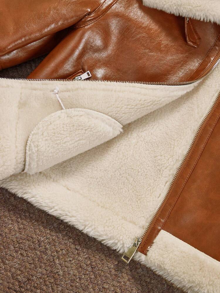 ブラウン光沢フェイクレザー&ショートジャケット、ファッショナブルなファートリム、秋、冬、外出、エレガント、シック、フォーマルに適しています