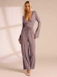 Glamine Mono informal de mujer de unicolor con cuello en V y cordón - Púrpura polvoriento - Ver 6