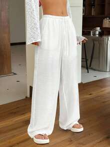 SHEIN EZwear 女款白色编织阔腿裤，简约时尚，适合夏季 - 白色 - 查看 5