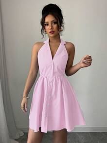 Elenzga 女士休闲翻领单排扣条纹迷你连衣裙 - 粉色 - 查看 4