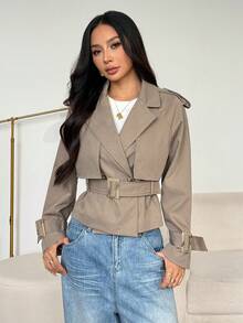 SHEIN PETITE 秋季 适度 旧钱 闪光 节日 聚会 感恩节 狂欢 节日 郊游 游泳 度假 波西米亚风 波西米亚风 海滩 热门 户外 层次丰富 婚礼 季节 宴会 成人礼 海滩 海边 短款褶皱 女式纯色长袖风衣 短款风衣 灰色夹克 女式风衣 腰带夹克 短款夹克 - 卡其色 - 查看 4