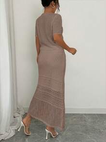 Elenzga 2025 New French Style White Hollow Out Short Sleeve Top + Skirt 2 Pieces Set, Spring - Camel - View 2
