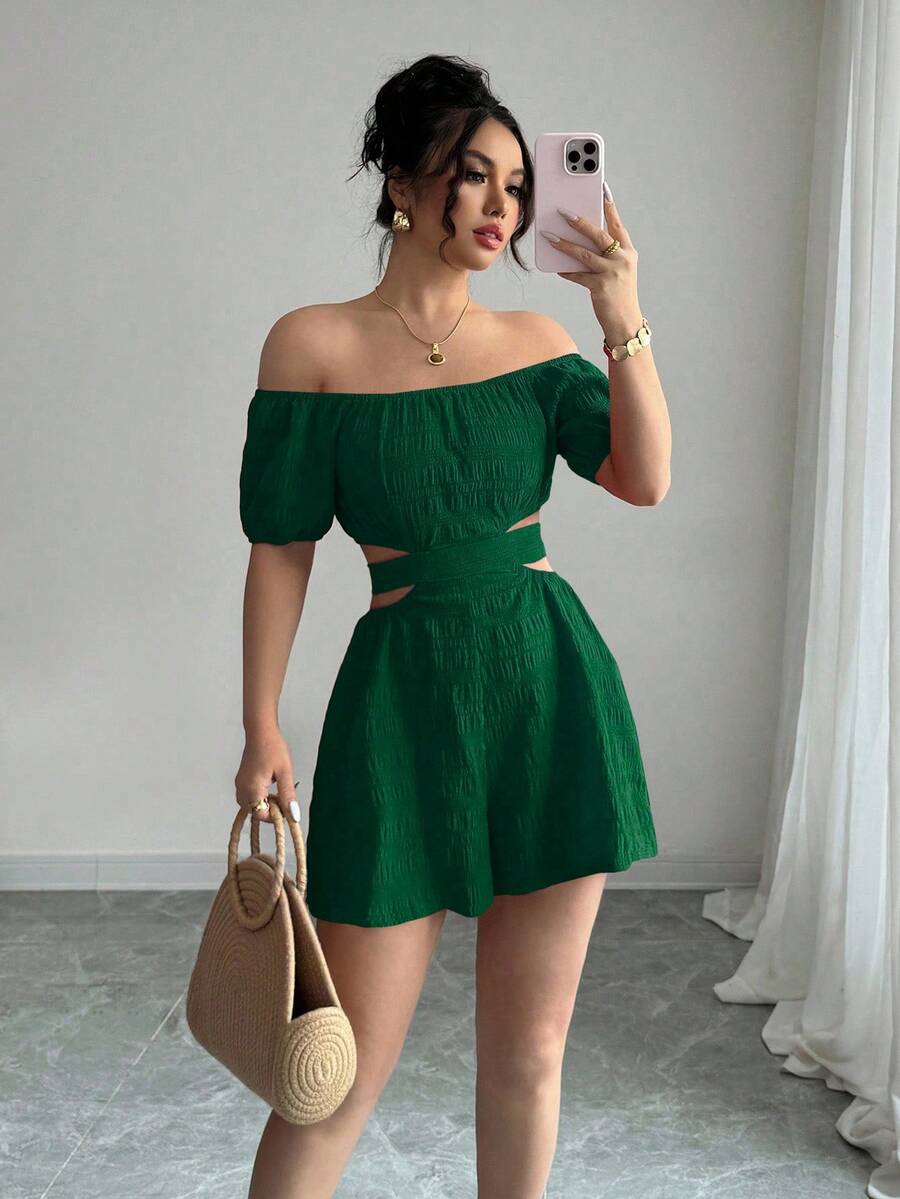 Rafferiza Casual-Woman Casual - Vacation Off The Shoulder Bow Back Jumpsuit - Army Green - View 1