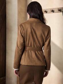 Zovinel Women's Minimalist Suede Fitted Coat With Belt - Brown - View 2