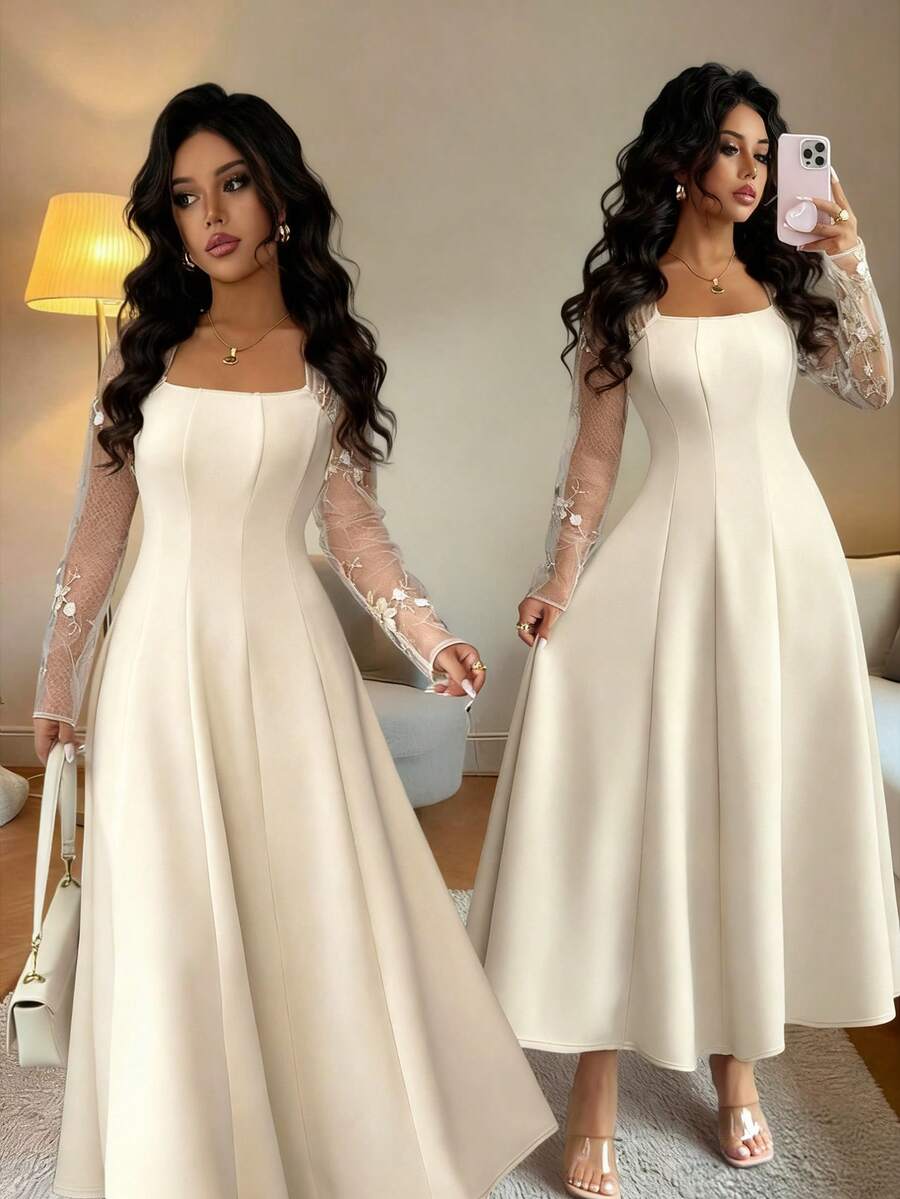 Selianne Women's Elegant Long Sleeve Dress With Mesh Patchwork And Embroidery, Square Neckline - Apricot - View 1