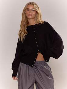 MUSERA Boat Neck Baggy Batwing Popper Front Knit Top Cute Classy Sexy Streetwear Night Out  Spring Sweater Summer - Black - View 5